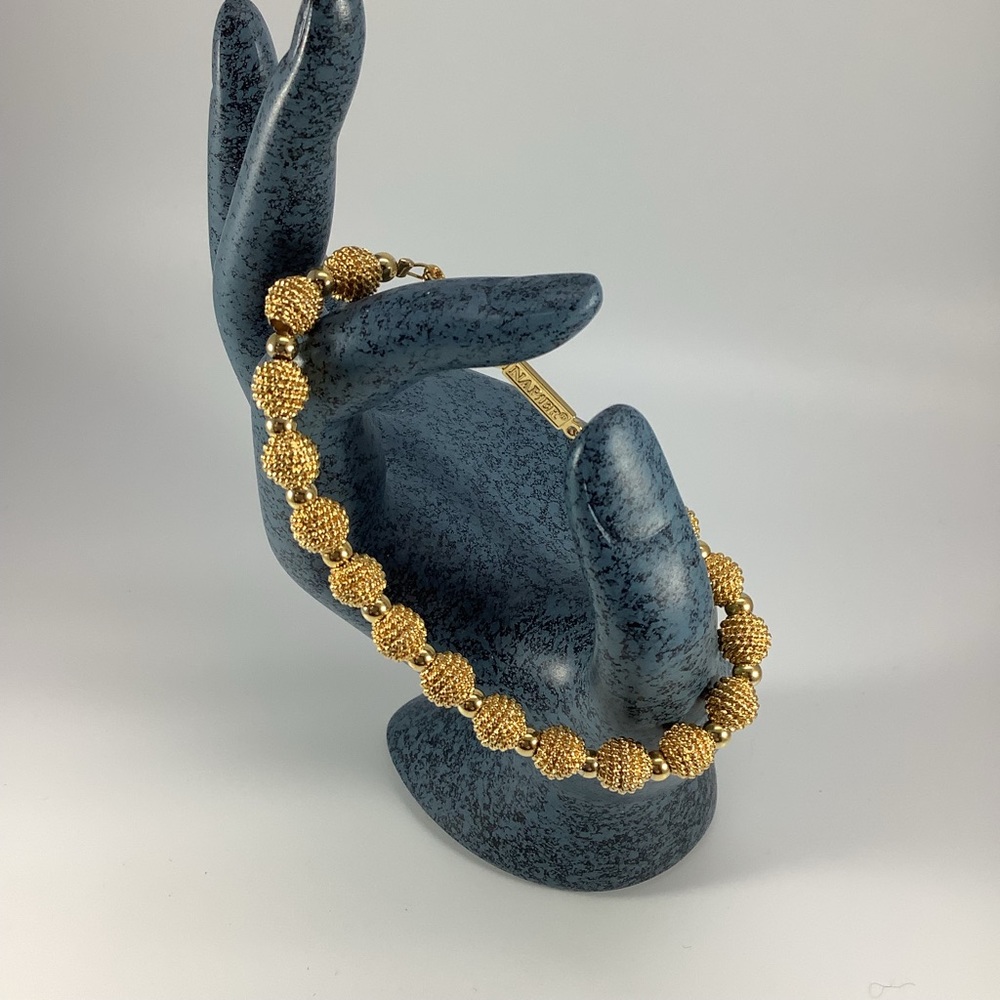 Vintage Signed Napier Gold Tone Textured Ball Bead Bracelet